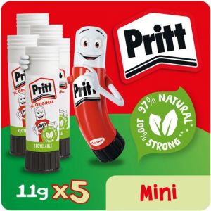 Pritt Original Glue Stick Sustainable Long Lasting Strong Adhesive Solvent Free 11g Mini (Pack 5) - 2741298